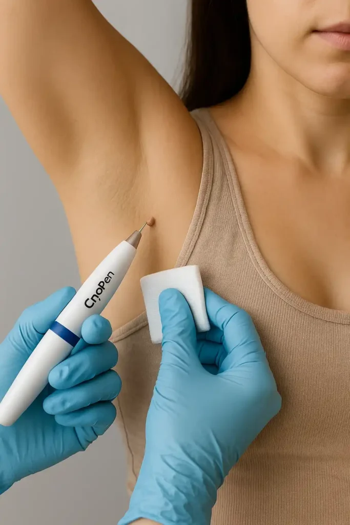 woman having cryopen to remove underarm skin tags Bridgnorth
